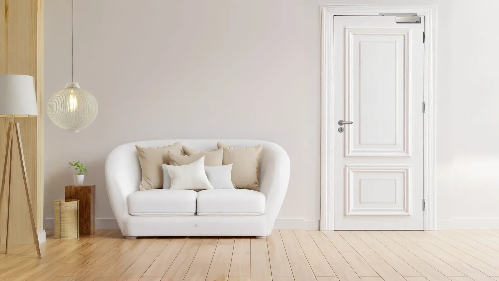 White panelled door with a lever handle in a living room
