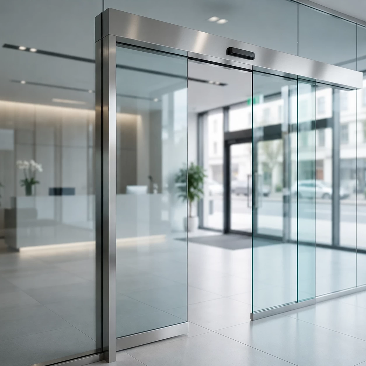 Automatic glass sliding doors at a building entrance