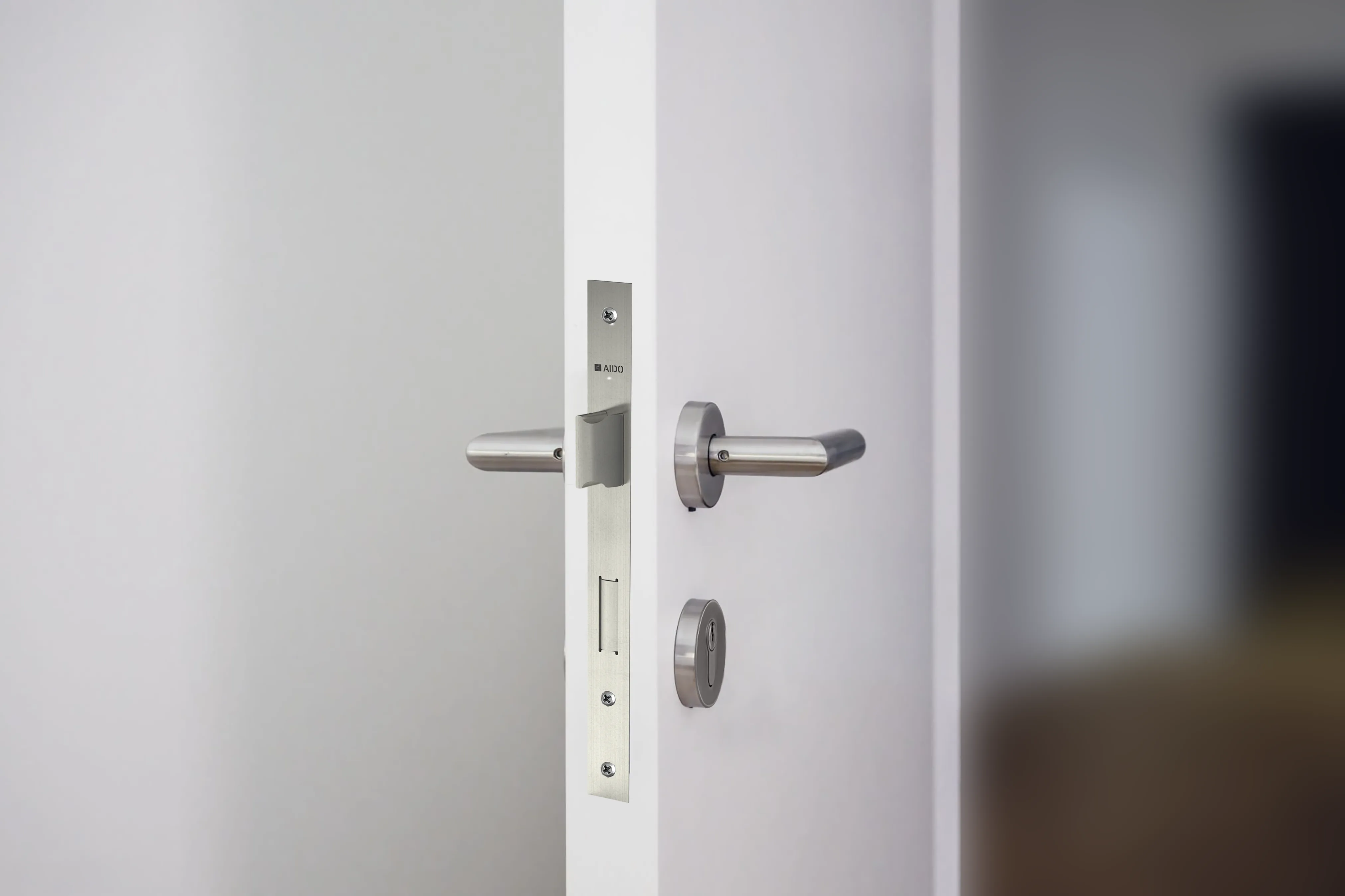 Mortise lock and lever on a white door edge