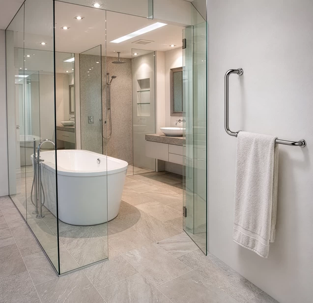 Glass shower enclosure in a bathroom